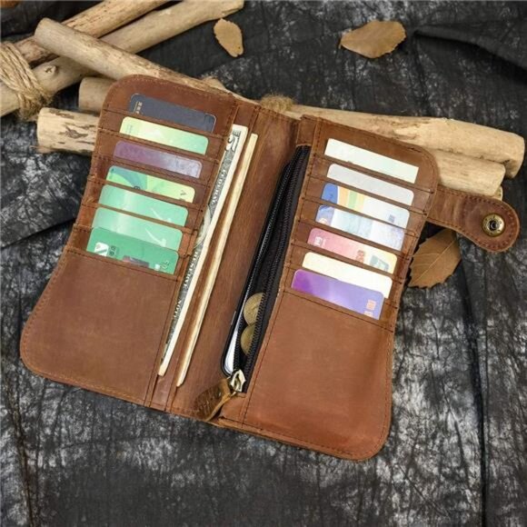 Men's Genuine Leather Long Wallet Chain Wallet Card holder Wallet with Coin - Picture 6 of 16